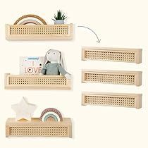 Bookshelf For Nursery, Boho Shelves, Rattan Bookshelf, Nursery Book Shelves, Floating Book Shelves, Rattan Wall Shelf, Ikea Inspired Kid's Room, Rattan Decor, Shelf Nursery