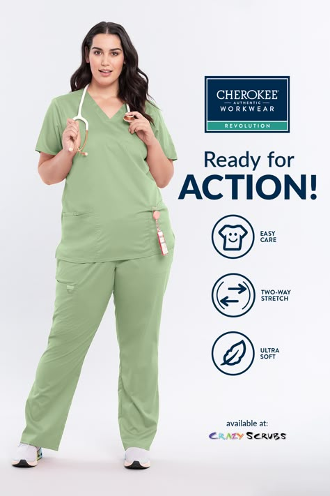 Professional polish meets high-performance features for comfort, breathability, and ease of movement no matter where your day takes you! ✅ Ultra Soft ✅ Two-way Stretch ✅ Easy Care Head to our website to revolutionize your scrub wardrobe with the Cherokee Workwear Revolution line! Lab Coat Fashion, Doctor Uniform, Social Post Design, Women Doctor, Healthcare Uniforms, Doctor Scrubs, Medical Scrubs Outfit, Scrubs Outfit, Chef Wear