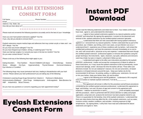 Eyelash Extensions Consent Form | Etsy Lash Ideas, Eyelash Extensions Aftercare, Lash Bar, Lash Mapping, Esthetician Marketing, Lash Studio, Lash Business, Logo Samples, Lash Salon