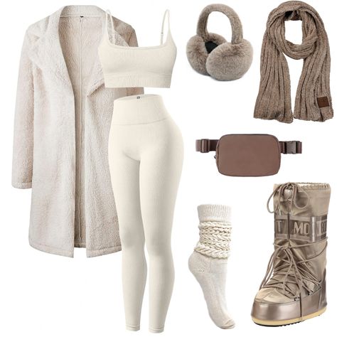 Includes a cream colored leggings/sports crop set (from Amazon and comes with two other sports crops not pictured). Also includes a cream colored teddy trench coat and cream colored boot socks. Taupe colored metallic moon boots are the focus for accessories. Pictured are taupe colored fuzzy ear muffs, cable knit scarf and bum bag to coordinate with the boots. Snow Lodge Outfit, Ski Lodge Party Outfit, Ski Apres Outfit, Apres Ski Outfit Party, Ski Lodge Outfit, Ski Lodge Party, Ski Outfit For Women, Running Winter, Ski Trip Outfit