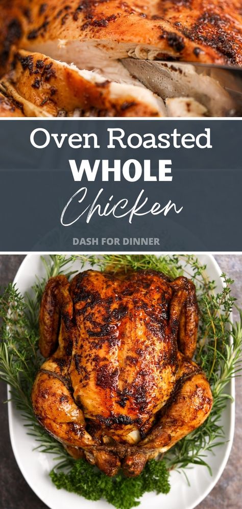 This easy and classic recipe for Oven Roasted Whole Chicken is a key recipe in any home cook's recipe book! This version is crispy, perfectly seasoned, and has tender and juicy meat. Whether you're looking for a whole chicken recipe for Sunday Dinner, Thanksgiving for a small family, or a Christmas entree, this simple roasted chicken is the perfect fit. Whole Chicken In Oven, Whole Chicken Recipes Oven, Best Roast Chicken Recipe, Oven Roasted Whole Chicken, Whole Roast Chicken Recipe, Roasted Whole Chicken, Roast Chicken Dinner, Cooking Whole Chicken, Whole Chicken Recipes