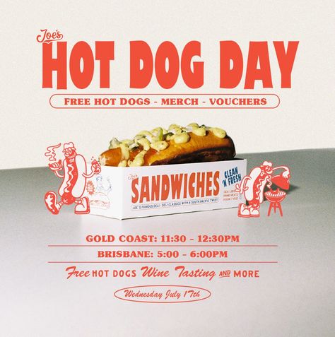 [GOLD COAST] SCORE FREE HOT DOGS AT JOE'S DELI! 🌭🌭🌭 Back for a second year, JOE'S DELI the unofficial owners of NATIONAL HOT DOG DAY will once again be slinging hundreds of FREE hot dogs THIS WEDNESDAY 17 JULY to celebrate the day of the dog! Located in the Patio Dining Precinct at PACIFIC FAIR, the team will be handing out free Hot Dogs, Merch & Vouchers from 11:30 – 12:30PM! Teaming up with THE GOOD HUMAN FACTORY, this year Joe’s Deli will be raising money to help run student workshops ... Hot Dog Business, Hot Dog Place, Good Human, Hot Dog Cart, Importance Of Mental Health, Hot Dog Stand, Dog Wine, Dog Business, Food Branding