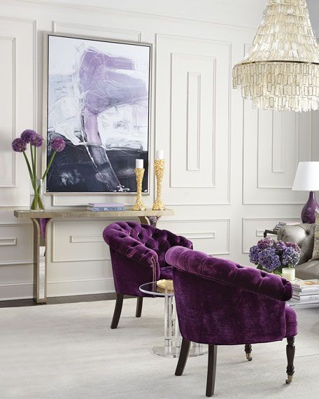 Each modern chair with a unique design can carry sophistication to space, making it appear comfy and visually appealing. #luxurychair #luxuryfurniture #interiordesign #designideas #chairdesigns #chairideas #homedesign #modernchair #comfychair #moderndiningroom #diningroom Purple Armchair, Purple Chairs, Deco Violet, Purple Furniture, Purple Living Room, Purple Chair, Purple Interior, Chair Ideas, Modern Chair