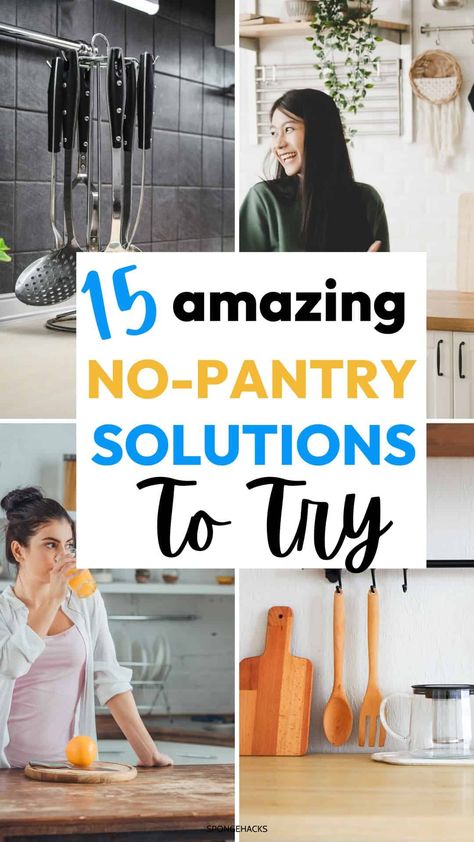 15 No Pantry Solutions You Need to Try - Sponge Hacks No Pantry Solutions Kitchens, Sponge Hacks, Small Home Additions, Small Home Bar Ideas, Pantry Solutions, Small Home Office Layout, No Pantry, Small Bars For Home, No Pantry Solutions