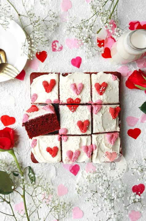 Valentines Red Velvet Cake, Red Velvet Sheet Cake, Vegan Red Velvet Cake, Vegan Red Velvet, Vanilla Cream Cheese, Vanilla Cream Cheese Frosting, Valentines Recipes Desserts, Valentines Baking, Dairy Free Cream