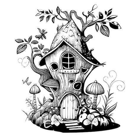 Vector fairy house in the forest hand dr... | Premium Vector #Freepik #vector #fairy-forest #fantasy-forest #magic-forest #fairy-garden Magical Forest Sketch, Forest House Drawing, Fairy Forest Drawing, House Drawing Ideas, Fairy House Drawing, Fairy Garden Drawing, Forest Sketch, Fairy Drawing, House In The Forest