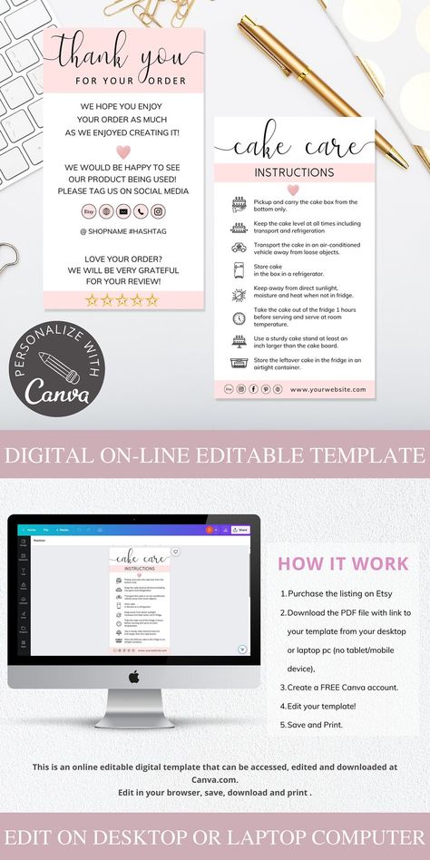 Cake Care Instructions I Canva Editable Template Wedding Cake - Etsy Very Grateful, Box Cake, Editable Template, Thank You Cards, Wedding Cakes, Social Media, Cake