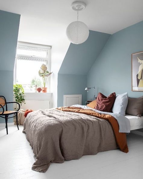 Light Blue Bedroom, House Of Philia, Jotun Lady, Blue Bedroom Walls, Blue Bedroom Design, Light Blue Walls, Blue Bedroom Decor, Eclectic Bedroom, Blue Rooms