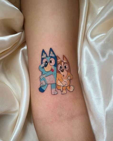 Tattoo Ideas Bluey, Bluey Tattoo Ideas, Bluey Tattoos, Celeste Tattoo, Darwin Tattoo, Kawaii Tattoo Ideas, Cartoon Tattoo Designs, Cute Couple Tattoo Ideas, Cute Couple Tattoo