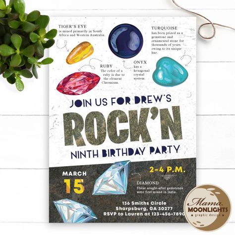 Geology Invitation Gemstone Invite Rock Party Invitation - Etsy Mining Party, Mcdonalds Birthday Party, Holiday Cards Family, Rock Birthday, Diy Print, Party Packages, Birthday Invite, Diy Prints, Birthday Fun