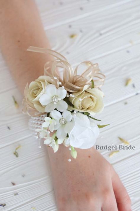 Wrist Corsage with beige and white roses with stephanotis with jewel centers and accented with beige ribbon. Ring Corsage, Bride Corsage, Gold Corsage, Black Corsage, Prom Flowers Corsage, Dance Flowers, Hoco Pictures, Corsage Ideas, Prom Corsages