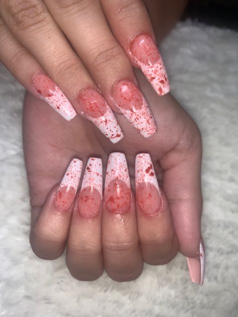 Blood Splatter French Tip Nails, White Nails With Blood Splatter, Blood Splatter Nails Tutorial, Blood Splatter Nails, Black And Red Blood Drip Nails, French Tip Nails, Nail Tips, Trendy Nails, Different Styles