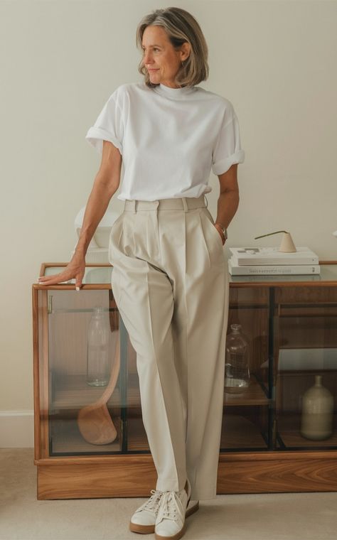 This minimalist outfit showcases the power of simplicity with a cream-colored t-shirt paired with matching high-waisted trousers. It’s an excellent example of how women over 50 can rock neutral tones to create an elegant, understated look. Normcore Aesthetic, Normcore Outfits, Minimal Stil, Normcore Fashion, Skandinavian Fashion, Chique Outfits, Spring Look, Smart Casual Outfit, Casual Work Outfits