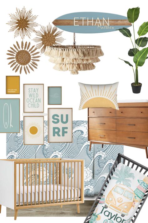 Mid-century nursery in a surfing theme. Adorable baby boy nursery ideas. Surfs Up Nursery, California Cool Nursery, Florida Themed Nursery, Neutral Surf Nursery, Nursery Surf Theme, Boho Beach Nursery Boy, Surfer Themed Nursery, Surfing Theme Nursery, Surfer Theme Nursery