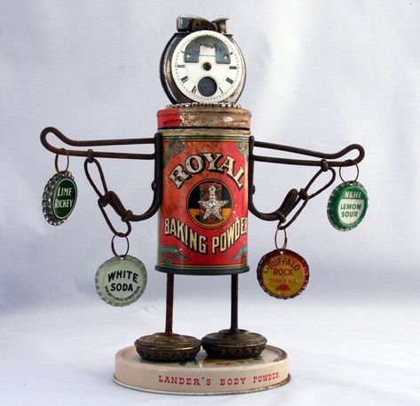 POPSTAR Recycled Robot Assemblage Art Sculpture | Etsy Assemblage Art Sculpture, Recycled Robot, Tin Can Art, Robot Sculpture, Altered Tins, Mixed Media Sculpture, Arte Robot, Metal Tree Wall Art, Found Object Art