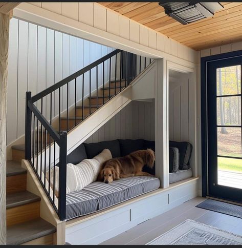 Dog Crate Under Stairs Built Ins, Under Stairs Dog Bed, Dog Bed Under Stairs, Dog Nook Ideas, Bed Under Stairs, Under Stairs Dog House, Dog Nook, Earth Sheltered Homes, Dog Window