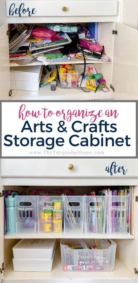 How to Organize an Arts & Crafts Storage Cabinet Crafts Storage Ideas, Arts And Craft Storage, Arts And Crafts Cabinet, Craft Organizer Cabinet, Kids Art Storage, Kids Craft Storage, Craft Storage Ideas, Craft Storage Cabinets, Crafts Storage