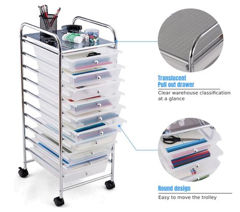 COSTWAY 10/20 Drawers Storage Trolley, Home Office Stationary Rolling Cart with 4 Wheels, Multipurpose Mobile Organiser Shelving Unit for Makeup Beauty Salon (10 Drawers, Transparent) Product dimensions 29D x 37W x 6H centimetres The rolling storage cart consists of 10 drawers, which provide ample storage space for your various items to keep them organized as well. Moreover, different colored drawers come handy to classify the placement of your items. Office Stationary, Rolling Storage Cart, Storage Trolley, Rolling Storage, Rolling Cart, Storage Cart, Storage Drawers, Beauty Salon, Shelving Unit