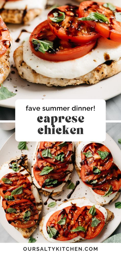 Quick, easy, seasonal weeknight dinners don't get much better than Caprese Chicken! Grilled chicken is topped with mozzarella, fresh tomato slices, basil, and balsamic vinegar. This low carb and gluten free dinner recipe can be on your table in under 30 minutes. This simple, elegant meal is made for summer and guaranteed to become a family favorite. #caprese #chicken #glutenfree #lowcarb #weeknightdinner #chickendinner #delicious Low Carb Summer Recipes, Chicken Caprese Recipe, Fresh Basil Recipes, Easy Weeknight Dinners Healthy, Balsamic Chicken Recipes, Dinners Healthy, Chicken Caprese, Gluten Free Dinner Easy, Chicken Grilled