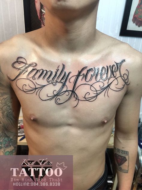 Family Forever Tattoo, Chest Tattoo Family, Chest Tattoo Writing, Chest Tattoo Fonts, Calf Tattoos For Women, Ohana Tattoo, Chest Tattoo Ideas, Hipster Tattoo, Forever Tattoo