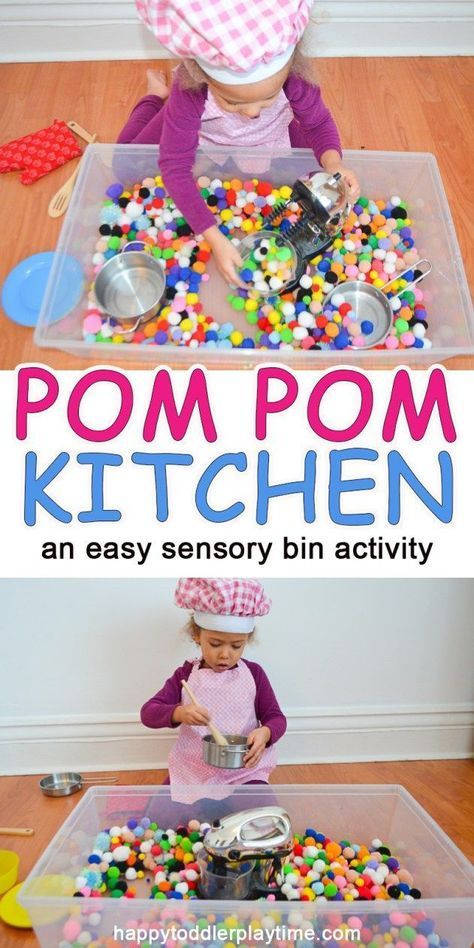 fun kitchen themed pom pom sensory bin! An easy sensory play activity for preschoolers and toddlers! Sand Art Projects, Play Activity, Sensory Activities Toddlers, Toddler Sensory, Art Projects For Kids, Daycare Activities, Toddler Snacks, Kids Sensory, Sensory Bin