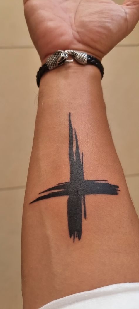 Good Small Tattoos For Men, Cross With Barbed Wire Tattoo, Cross For Men Tattoo, God Related Tattoos Men, Small Men Tattoo Ideas Guys, Christian Armband Tattoo, Tattoo Ideas For Men On Hand, Cross Arm Tattoo For Men, Starter Tattoos Ideas For Men