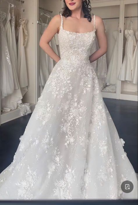 Floral Lace Applique Wedding Dress, Pretty Floral Wedding Dresses, A Line Full Skirt Wedding Dress, Wedding Dresses Floral Applique, Wedding Dresses With Straps A Line, White Aline Wedding Dress, Wedding Dresses With Scoop Neckline, Wedding Dresses Lacy, Beaded A Line Wedding Dress Sparkle