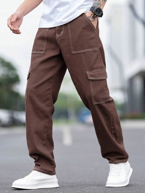 Manfinity Men Cotton Flap Pocket Side Cargo Pants | SHEIN USA Brown Baggy Pants Outfit Men, Baggy Jeans Outfit Men Mens Fashion, Baggy Pants Outfit Men, Baggy Brown Jeans, Baggy Jeans Outfit Men, Brown Cargo Pants Outfit, Brown Jeans Outfit, Clothing Palette, Baggy Jeans For Men