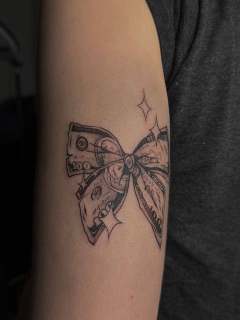 Bow Money Tattoo, Money Bow Tie Tattoo, Money Bow Tattoo, Pin Tattoo Ideas, Bow Tie Tattoo, Tattoos Pequeños, Army Tattoos, Cute Hand Tattoos, Money Tattoo