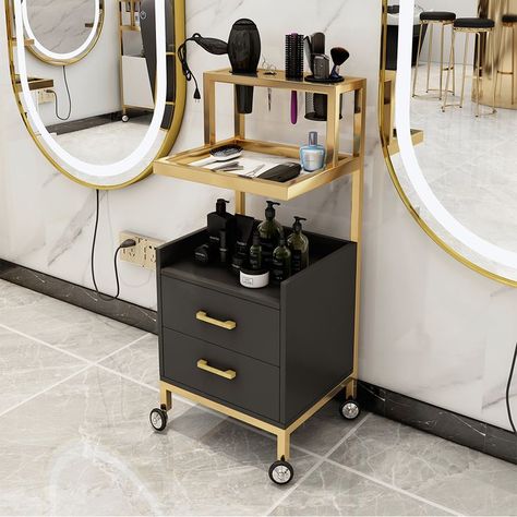 Dyson Dryer Storage, In Home Salon Ideas Small Spaces Modern, Beauty Salon Set Up, Glam Salon Suite Decor, Salon Set Up, Stylist Station Ideas, Hair Saloon Designs, Salon Station Ideas Diy, Small Beauty Room Ideas Salon