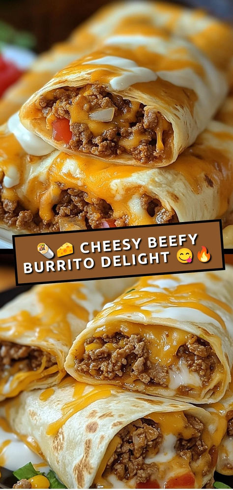 Savor these cheesy beefy burritos packed with seasoned ground beef, gooey cheese, and topped with salsa—perfect for any meal!  Ingredients:  1 lb ground beef 1 cup cooked rice 1 cup shredded cheddar cheese 4 large flour tortillas Loaded with flavorful beef, melty cheese, and a kick of salsa, these burritos are a comforting and delicious choice for lunch or dinner! Ground Beef Recipes With Tortillas, Something New To Cook For Dinner, Meals For Hamburger Meat, Dinner With Tortilla Wraps, Easy Dinner Recipes For Family Of 4, What’s For Dinner Ground Beef, Ground Beef With Tortilla Recipes, Low Carb Beef Burritos, Supper Ground Beef Recipes