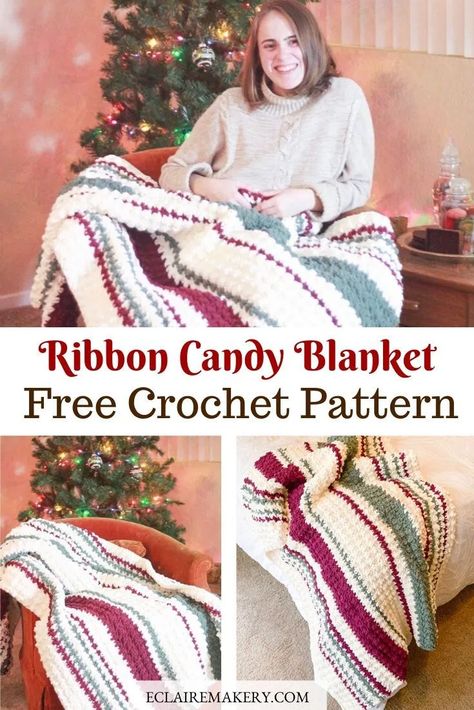 Ribbon Candy Blanket: Quick and Easy Chunky Free Crochet Blanket Pattern | E'Claire Makery Motifs Afghans, Chunky Crochet Blanket Pattern, Christmas Crochet Blanket, One Skein Crochet, Chunky Crochet Blanket, Crochet Christmas Gifts, Crocheted Blanket, Ribbon Candy, Crochet Geek