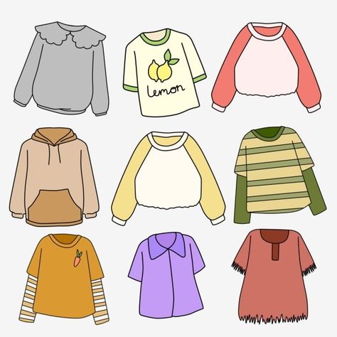 sweater,fashion element,clothes element,fashion,hand drawn clothes,shirt,sweater illustration,clothes illustration,cute clothes,blue clothes,green clothes,pink,green,blue,purple,yellow,brown,hand,cute,drawn,hand clipart,cute clipart,shirt clipart,drawn clipart,fashion clipart,blue clipart,sweater clipart,yellow clipart,green clipart,pink clipart,purple clipart Cartoon Style Clothes, Cartoon Shirts Drawing, Cloths Drawing Idea, Cartoon Shirt Drawing, Fashion Outfits Cartoon, Shirt Ideas Drawing, Sweater Drawing Reference, Clothing Drawing Ideas, Clothes Drawing Easy