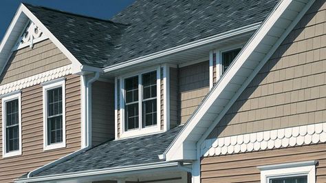 Mitered Corners Add the Perfect Touch | CertainTeed Cedar Vinyl Siding, House With White Trim, Vinyl Siding Styles, Vinyl Cedar Shake Siding, Certainteed Vinyl Siding, Vinyl Shake Siding, Vinyl Siding Colors, Hardy Plank Siding, Cedar Shake Siding