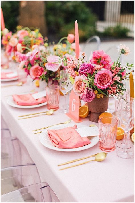 Colorful Wedding Reception, Pink Table Decorations, Bright Pink Wedding, Pink Wedding Receptions, Orange And Pink Wedding, Wedding Reception Design, Reception Tablescapes, Pink Wedding Theme, Tablescape Ideas