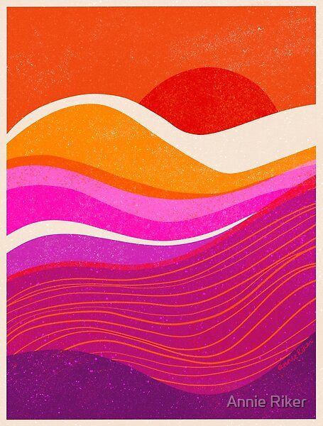 Mountain Sunset design by artist Annie Riker - Colorful warm modern mountains in pink, orange, red, and purple. Created in a linocut block printmaking style, and available for wall art prints, phone cases, clocks, mugs, pillows, stickers, and more! #blockprint #woodblock #sunset #mountainart #wallart #artlicensing #homedecor #annieriker #modernart Pink Orange And Purple Aesthetic, Bright Pink And Orange Aesthetic, Purple And Orange Graphic Design, Pink Orange Red Aesthetic, Hot Pink Orange Aesthetic, Pink And Orange Design, Lesbian Color Palette, Pink Purple Orange Color Palette, Block Colour Art