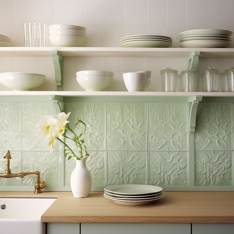 Pastel Colour Kitchen, Pastel Kitchen Backsplash, Kitchen Interior Pastel Color, Pastel Tiles Kitchen, Aesthetic Kitchen Pastel, Eccentric Kitchen, Funky Kitchen, Vintage Kitchen Appliances, Eco Friendly Interior