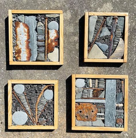 Corinna Barrell @ Mosaic.Rocks on Instagram: "Lots of rusty metal and slate rods saved from the skip - thanks @barrell_surfboards sandwiched into oak frames. All available to buy- please send me a DM if interested. If you would like to have a go at this kind of thing please folllow the wonderful @racheldaviesmosaics , she does excellent online courses and also kits. Go on you know you want to- highly recommended x #pebblecollage #rustymetal #rustynails #beachfinds #mosaic #mosaicassemblage" Slate Mosaic Art, Slate Mosaic, Rusty Nails, Mosaic Rocks, Rusty Metal, Glass Mosaic, Rock Painting, Mosaic Art, Mosaic Glass