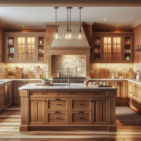 17 Kitchen Color Ideas 2024: Walls that Complement White, Brown, and Oak Cabinets in Modern Spaces Classic Oak Kitchen, Kitchens With Light Wood Cabinets, Warm Kitchen Design, Kitchen Color Ideas, Hickory Kitchen Cabinets, Hickory Kitchen, Brick Backsplash Kitchen, Light Wood Kitchens, Kitchen Cabinet Samples