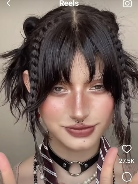 Short Witchy Hair Styles, Festival Hair With Bangs, Short Hair Boho Style, Witch Hairstyles Short, Hairstyles For Short Hair Goth, Rockstar Hairstyles Men, Festival Hair Styles For Short Hair, Goth Updo Hairstyles Short Hair, Grunge Updo For Short Hair