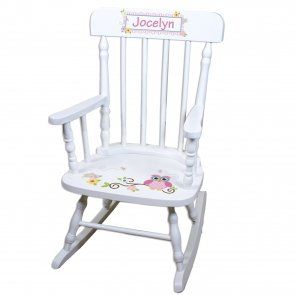 Child's Perosnalized Rocking Chair -Spindal Rocker-White Pink Rocking Chair, White Rocking Chairs, Garden Rocking Chair, Butterfly Garland, Wooden Rocker, Childrens Rocking Chairs, Pink Ladybug, Wood Rocking Chair, Pastel Butterflies