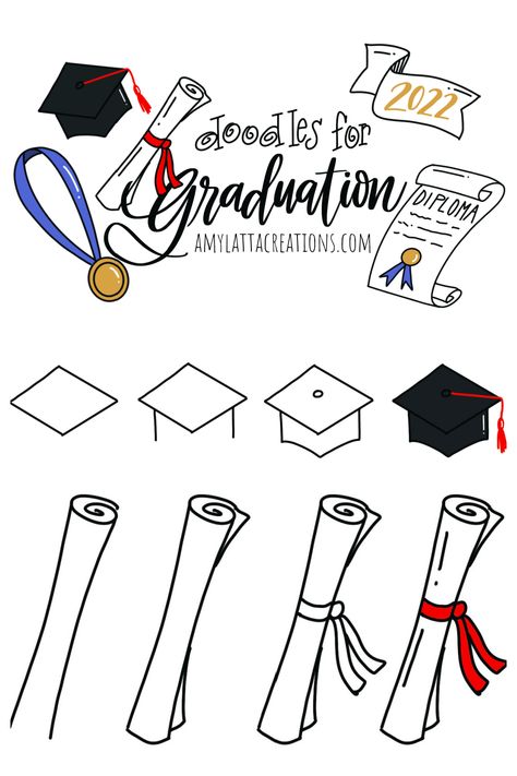 Image contains a collage of graduation themed doodles. Grad Cap Drawing Easy, Diploma Drawing Easy, Easy Diy Graduation Cards, Hand Drawn Graduation Cards, Graduation Doodles Hand Drawn, Graduation Cap Drawing Easy, How To Draw A Graduation Cap, Graduation Cap Doodle, Senior Drawing Ideas