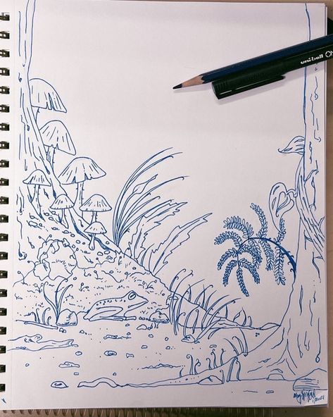 Simple ink drawing of a forest floor 🌱🍄🐸 #art #forestfloor #forestart #drawing #sketchbookpage Simple Forest Landscape Drawing, Fantasy Forest Drawing Pencil, Drawings Of Forest, Fairy Forest Drawing Simple, Mythical Tree Drawing, Forest Floor Art, Forest Leaves Drawing, Easy Forest Sketch, Fantasy Forest Sketch