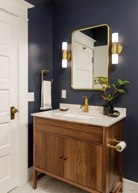 Mid Century Modern Half Bath, Dark Mid Century Modern, Modern Half Bathroom, Modern Half Bath, Bathtub Decoration, Modern Washroom, Vanity Remodel, Modern Washroom Design, Bathtub Designs