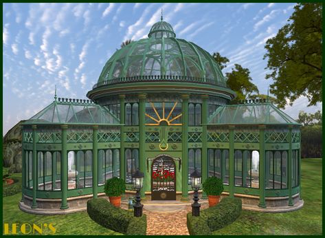 Second Life Marketplace - Greenhouse Victorian Deco Hot House Conservatory, cupola, 3 wings - MESH Victorian Era Greenhouse, 19th Century Greenhouse, Huge Greenhouse Conservatory, Conservatory Sims 4, Glass House Garden Greenhouse Ideas, Victorian House Backyard, 2 Story Greenhouse, Art Deco Greenhouse, Two Story Greenhouse