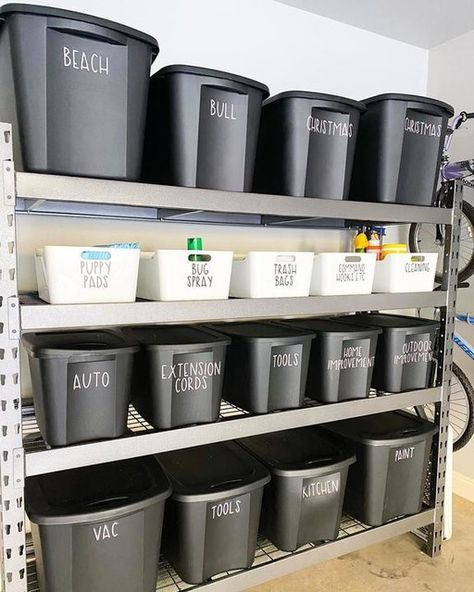 Garage Plastic Bin Storage, Garage Organization Ideas Rental, Organization For Garage Organizing Ideas, Grauge Storage Ideas, Farmhouse Garage Storage, New Home Storage Ideas, Organizing Ideas Storage Room, Garage Organization Shelving, Garage Organization Ideas Totes