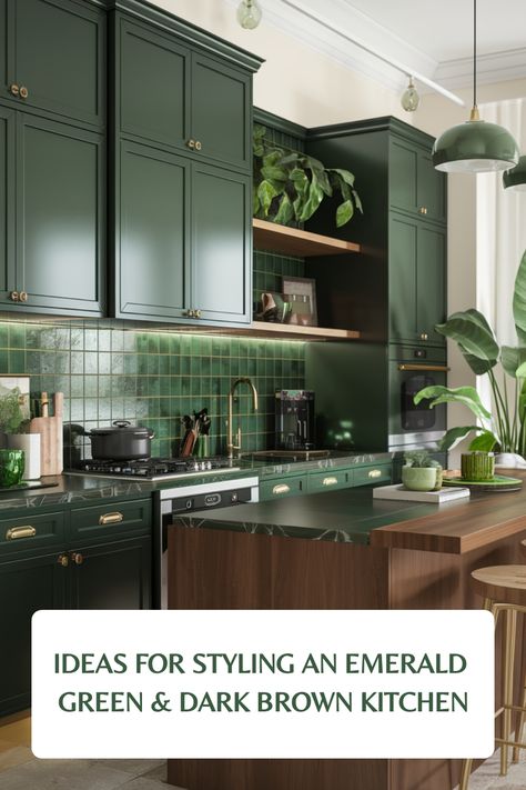 Emerald green and dark brown kitchen with matching cabinets, tile backsplash, and wooden accents. Green Emerald Kitchen, Black Kitchen With Green Accents, Dark Green Kitchen Accents, Emerald Green And Copper Kitchen, Pine Green Kitchen Cabinets, Dark Emerald Green Kitchen, Green Mid Century Modern Kitchen, Emerald Green Tile Kitchen, Dark Green Backsplash