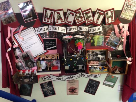 Macbeth display  || Ideas and inspiration for teaching GCSE English || www.gcse.english.com || Macbeth Creative Projects, Macbeth Display Classroom, Macbeth Project Ideas, Macbeth Display, Curriculum Display, Literature Classroom Decor, Teaching Macbeth, Classroom Displays Secondary, Macbeth Project