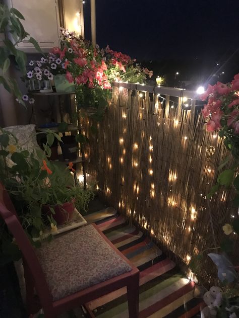 Hanging Lights In Balcony, Fairy Garden Balcony, Whimsigoth Balcony, Fairy Lights In Bathroom, Witchy Balcony, Fairy Balcony, Lights On Balcony, Meditation Balcony, Wind Fairy