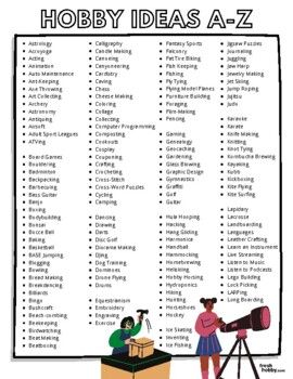 Most Popular Hobbies from A-Z (Huge List of Hobbies & Activities)Check out our Huge List of Hobbies, perfect for anyone looking to find a new hobby, hobby ideas or a new pastime.Alphabetical Order (Outdoor, Indoor, Creative, Niche Hobbies and More...)Looking for more lists? Check out our other worksheets here:Coping Skills A-ZCharacter TraitsOutdoor HobbiesCheck out our full hobby-list blog post here:https://freshhobby.com/most-popular-hobbies-from-a-z-huge-list-of-hobbies-activities/ List Of Hobbies, Easy Hobbies, Finding A New Hobby, Popular Hobbies, Hobbies For Kids, Hobby Ideas, Hobbies To Try, Things To Do When Bored, Alphabetical Order